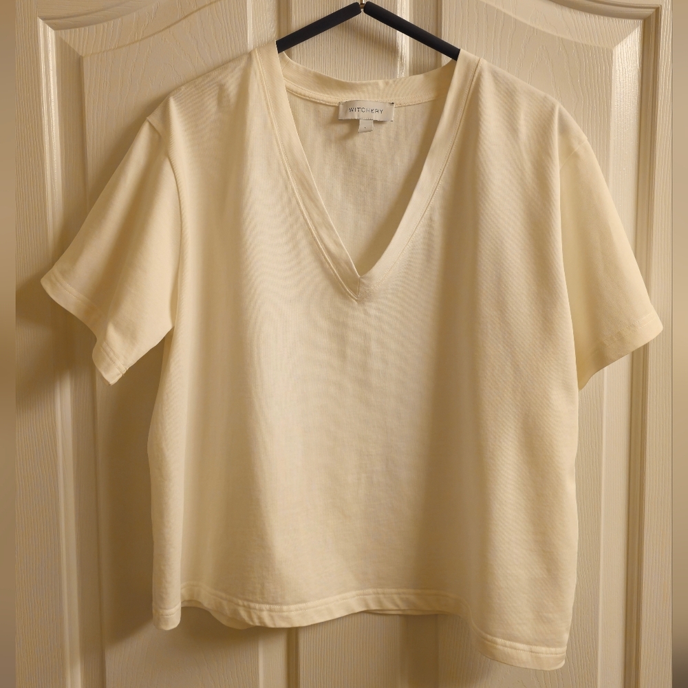 Witchery White Cotton V-Neck Short Sleeve Women's Top